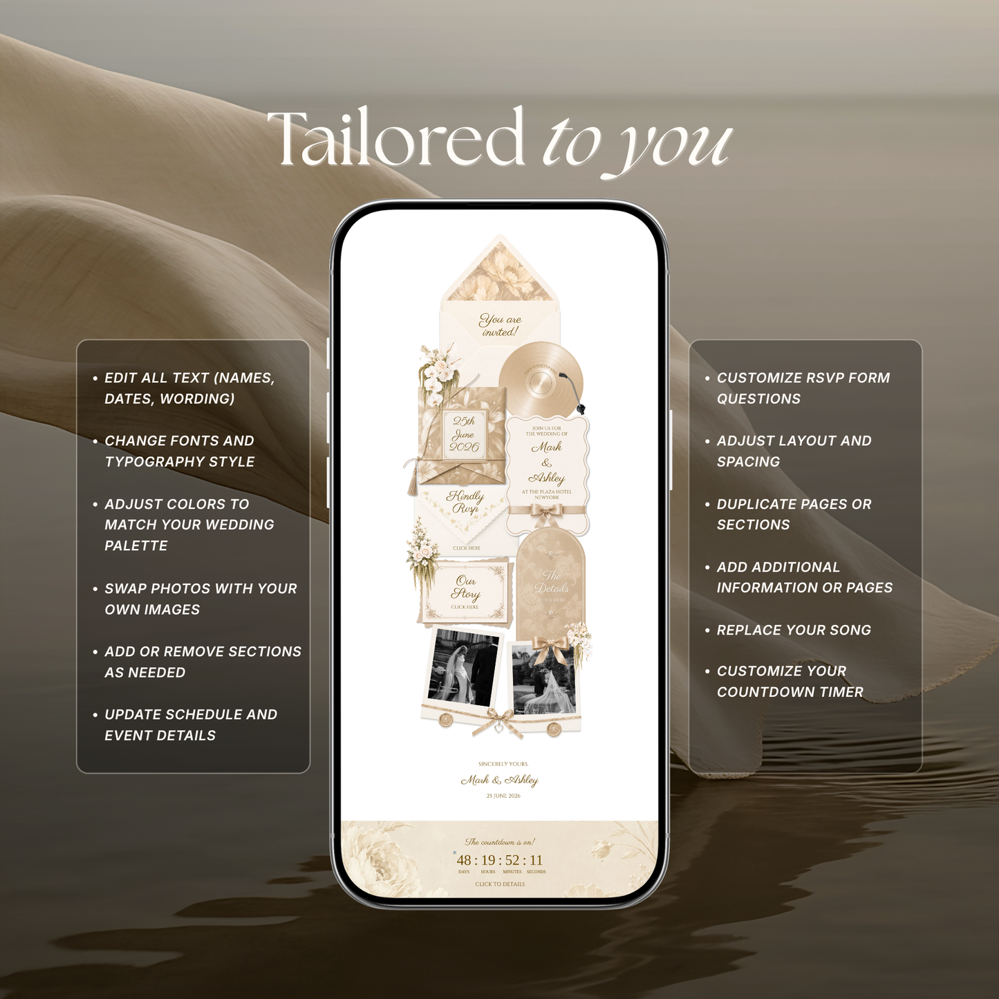 Floral Vintage Wedding Website Template | Champagne Beige Digital Wedding Invitation with RSVP, Music and Countdown Timer | Instant Download