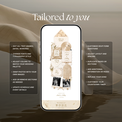 Floral Vintage Wedding Website Template | Champagne Beige Digital Wedding Invitation with RSVP, Music and Countdown Timer | Instant Download