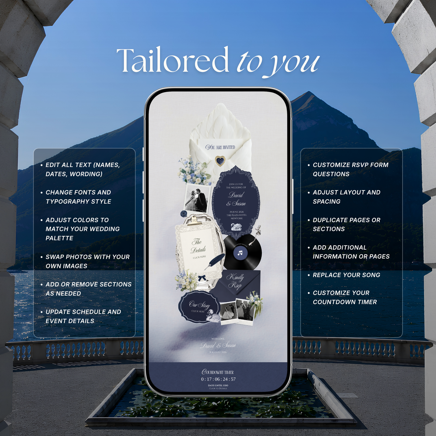 Navy & Dusty Blue Wedding Website Template with RSVP, Music and Countdown : Floral Classic Envelope Digital Invitation (Digital Download)
