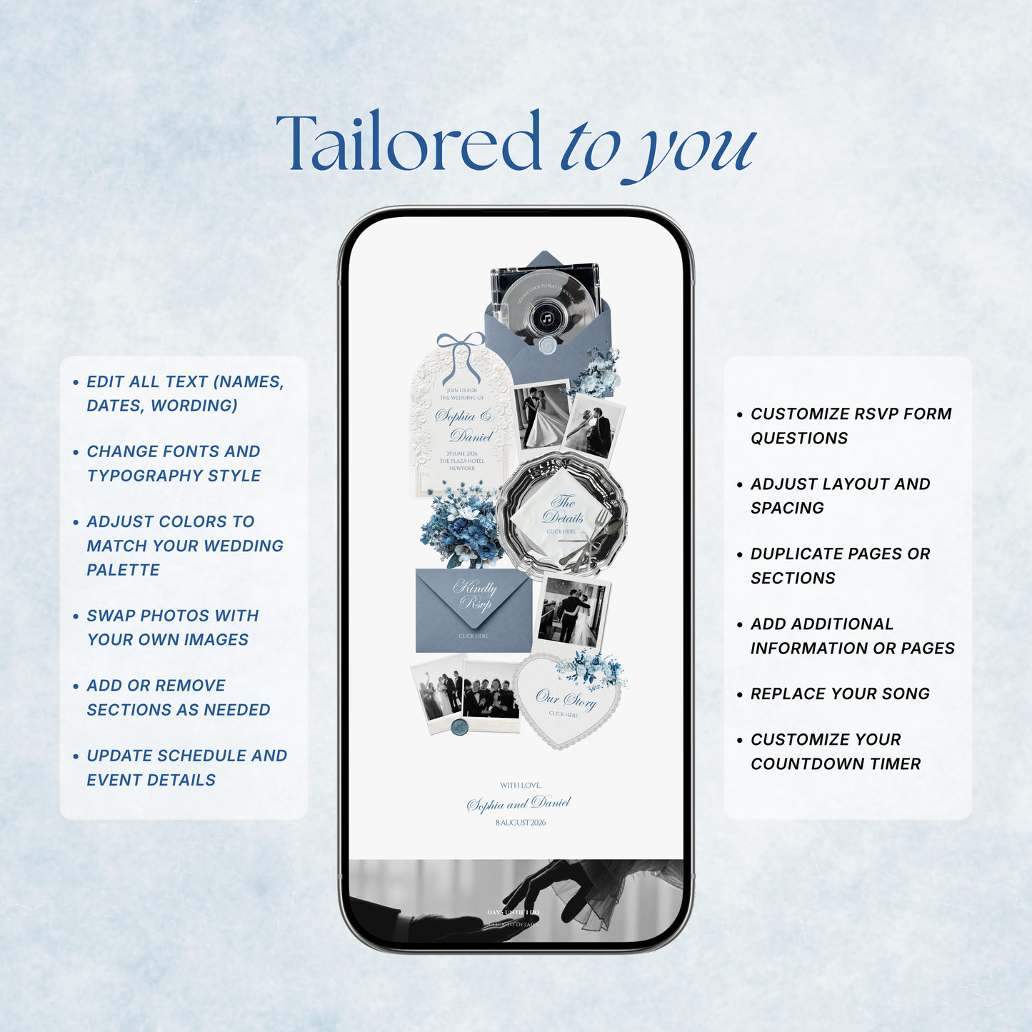 Dusty Blue Floral Wedding Website Template with RSVP, Music and Countdown Timer: Canva Editable Template (Digital Download)