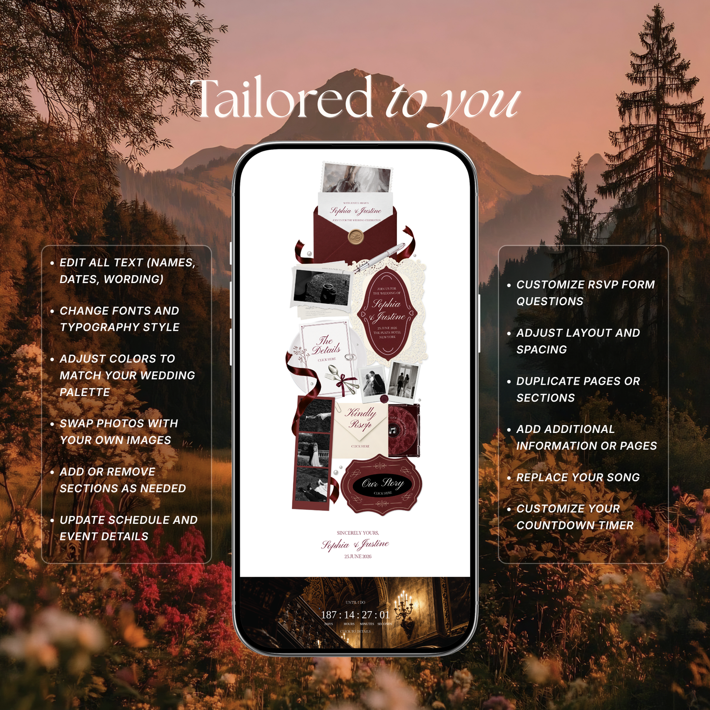 Burgundy & Ivory Wedding Website Template | Digital Wedding Invitation with RSVP, Music and Countdown Timer | Instant Download