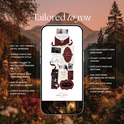 Burgundy & Ivory Wedding Website Template | Digital Wedding Invitation with RSVP, Music and Countdown Timer | Instant Download