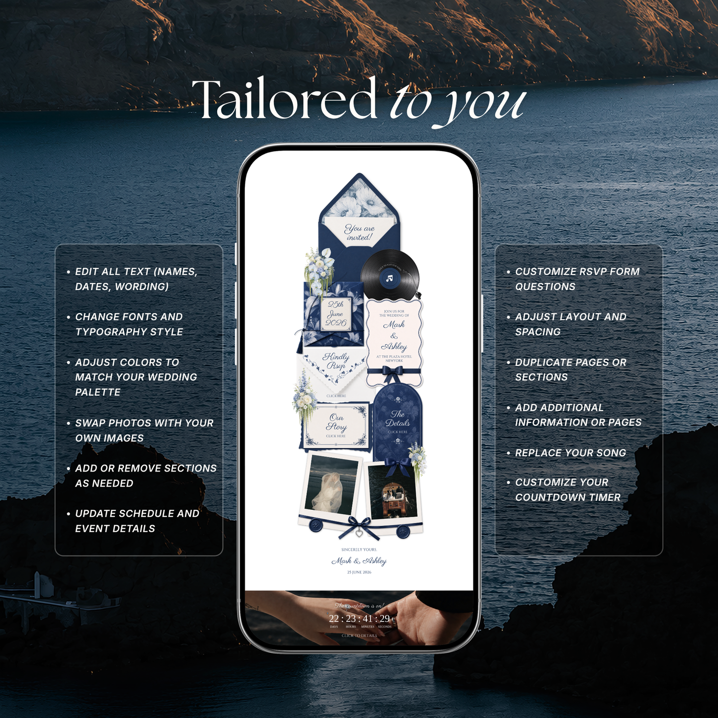 Navy & Dusty Blue Wedding Website Template with RSVP, Music and Countdown Timer | Digital Wedding Template (Digital Download)