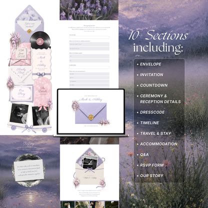 Pink Lilac Pastel Floral Wedding Website Template Canva | Wedding Invitation with RSVP, Music and Countdown Timer | Instant Download