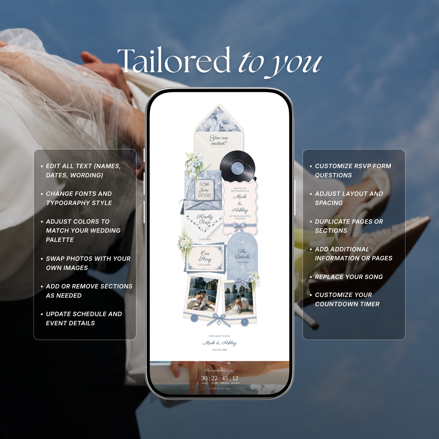 Dusty Blue Floral Wedding Website Template | Digital Wedding Invitation with RSVP, Music and Countdown Timer | Instant Download
