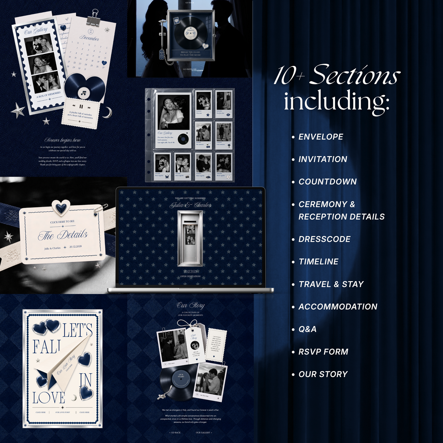 Navy Blue Photo Booth Wedding Website Template | Modern Wedding Invitation with RSVP, Music and Countdown Timer | Instant Download