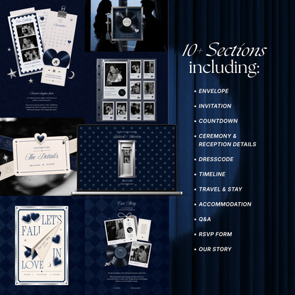 Navy Blue Photo Booth Wedding Website Template | Modern Wedding Invitation with RSVP, Music and Countdown Timer | Instant Download