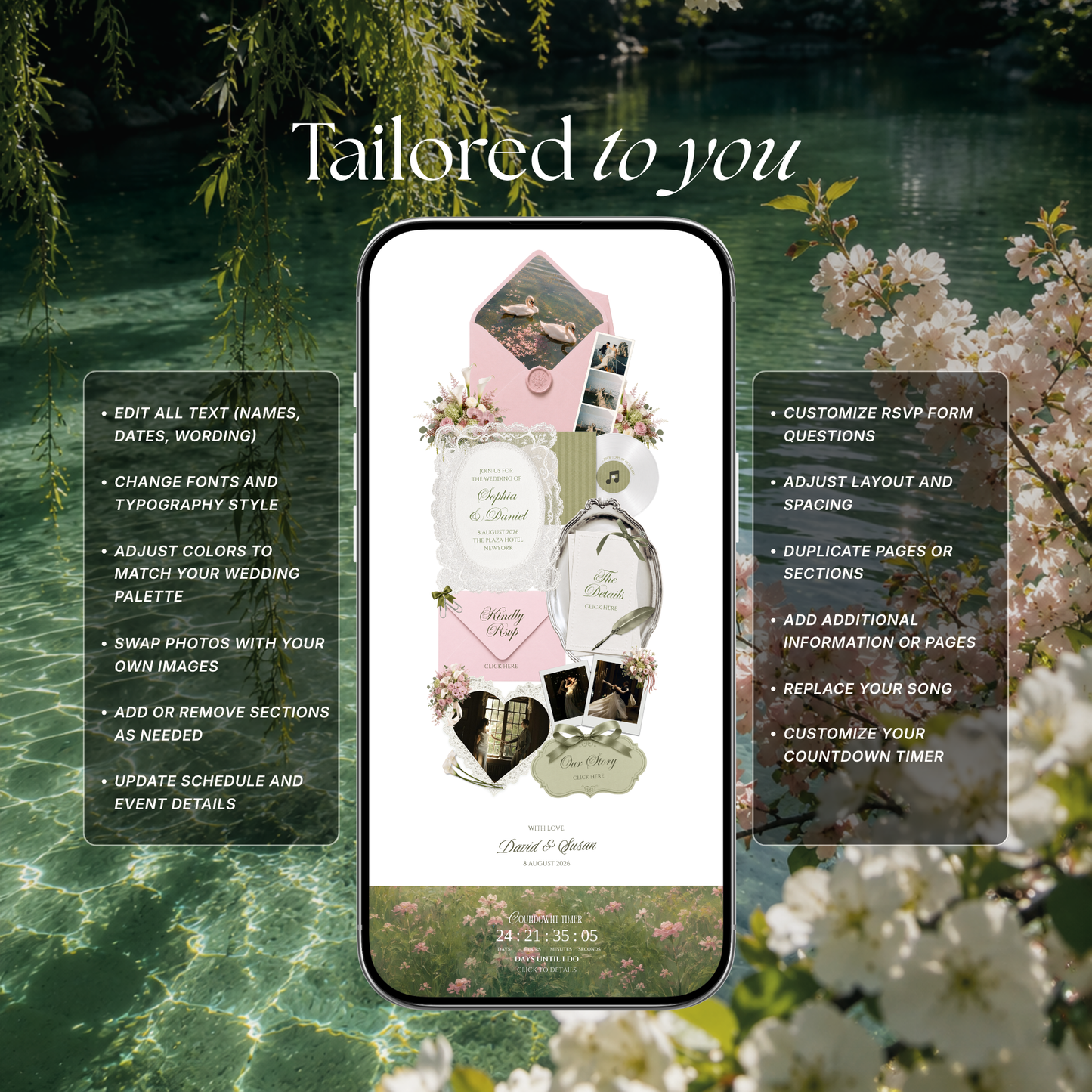 Pink & Green Floral Wedding Website Template with RSVP, Music and Countdown Timer | Wedding Invites (Digital Download)