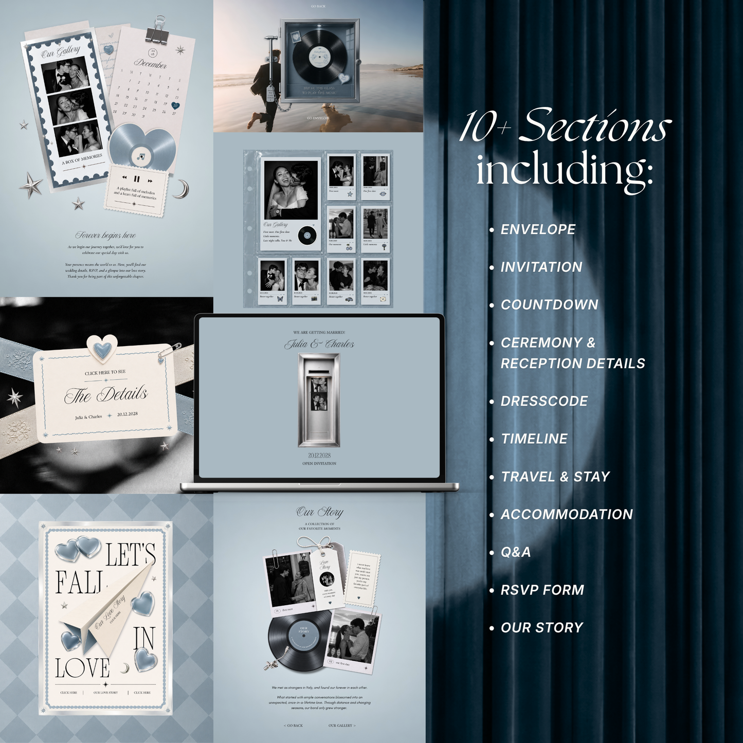 Dusty Blue Photo Booth Wedding Website Template | Modern Wedding Invitation with RSVP, Music and Countdown Timer | Instant Download