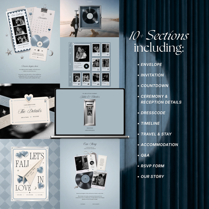 Dusty Blue Photo Booth Wedding Website Template | Modern Wedding Invitation with RSVP, Music and Countdown Timer | Instant Download