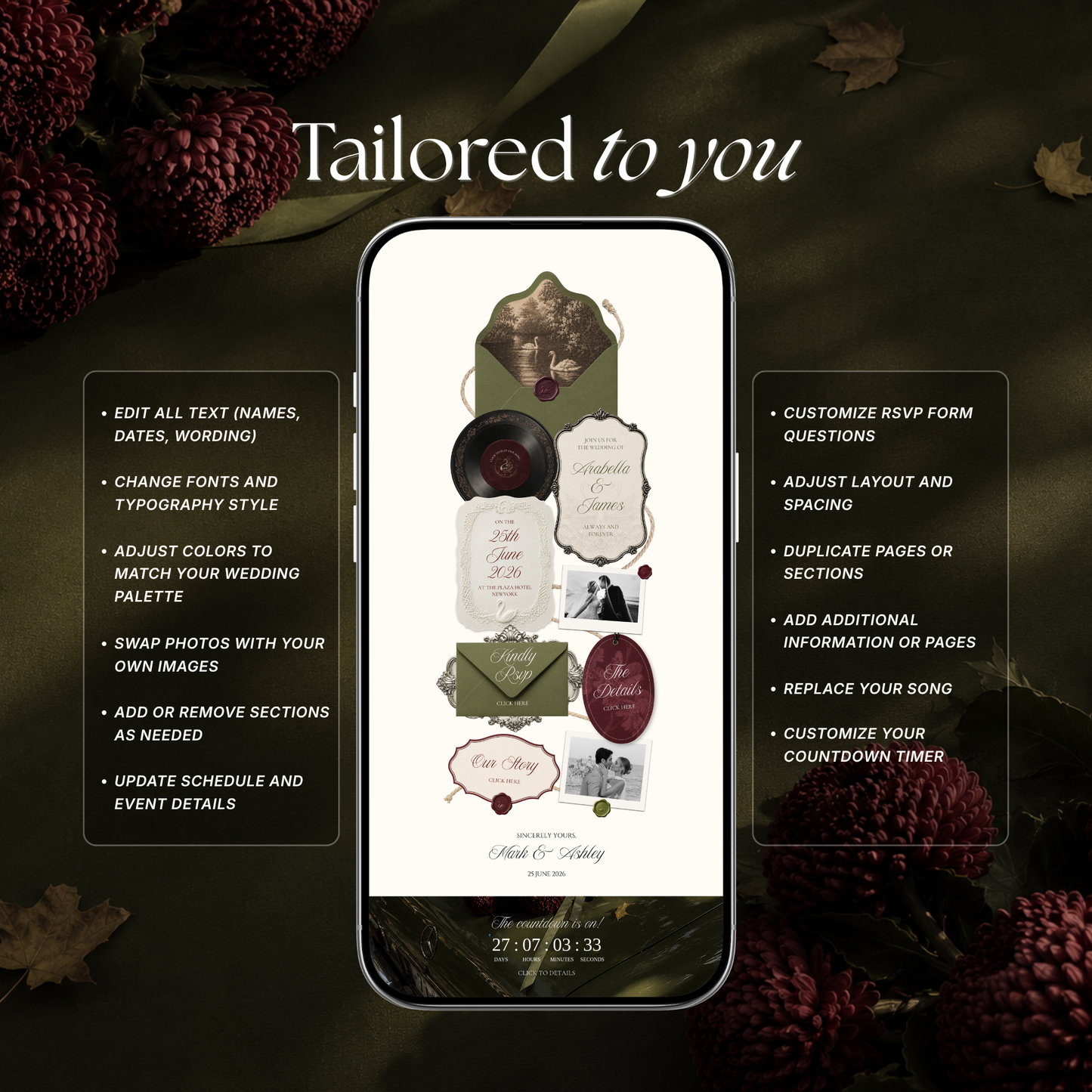 Olive Green & Burgundy Floral Wedding Website Template | Digital Editable Website with RSVP, Music and Countdown Timer | Instant Download