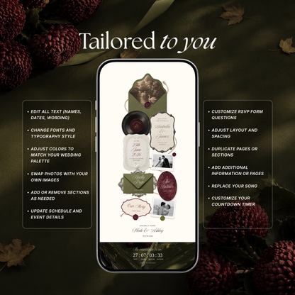 Olive Green & Burgundy Floral Wedding Website Template | Digital Editable Website with RSVP, Music and Countdown Timer | Instant Download