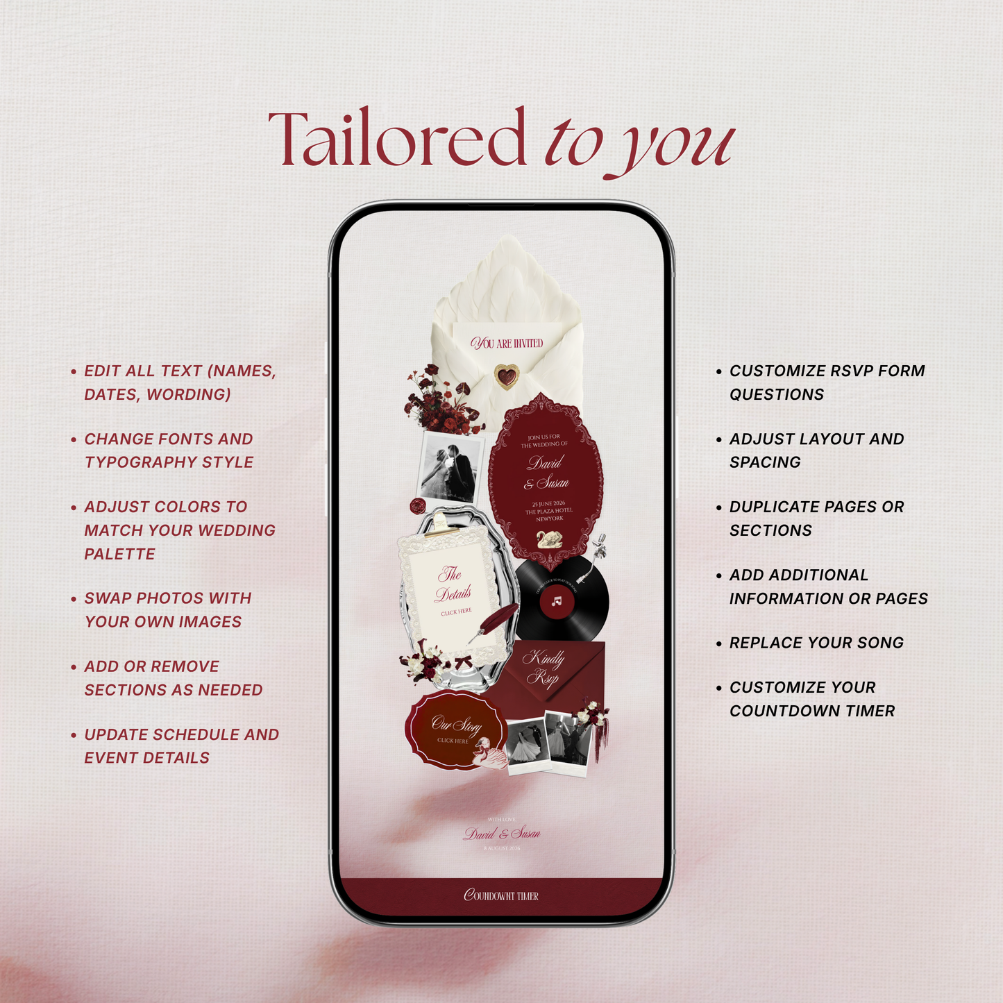 Ivory Burgundy Floral Wedding Website Template with RSVP, Music and Countdown Timer: Editable Canva Website (Digital Download)