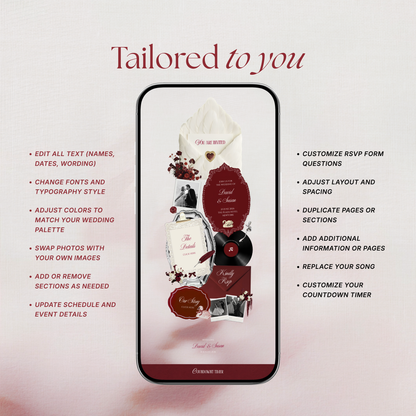 Ivory Burgundy Floral Wedding Website Template with RSVP, Music and Countdown Timer: Editable Canva Website (Digital Download)