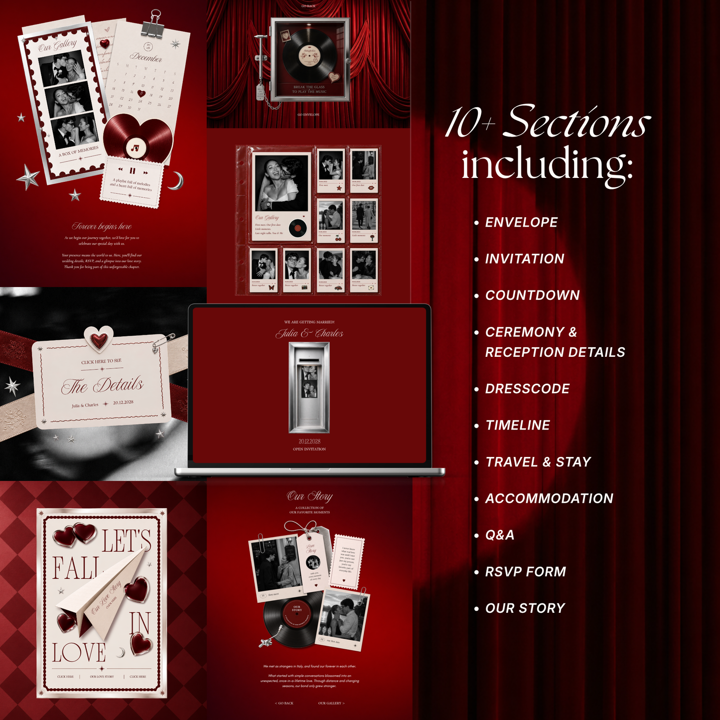 Burgundy Photo Booth Wedding Website Template | Modern Wedding Invitation with RSVP, Music and Countdown Timer | Instant Download