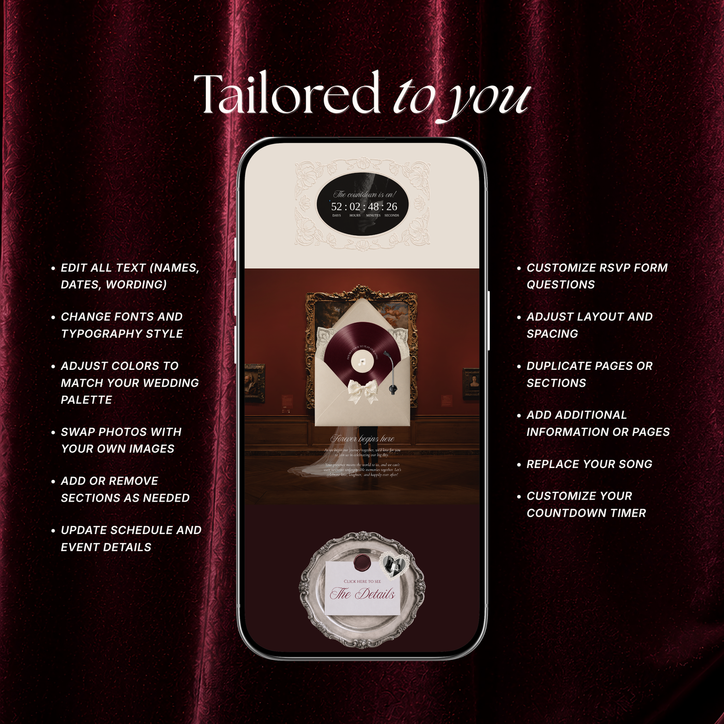 Old Money Wedding Website Template | Burgundy Digital Wedding Invitation with RSVP, Music and Coundown Timer | Instant Download