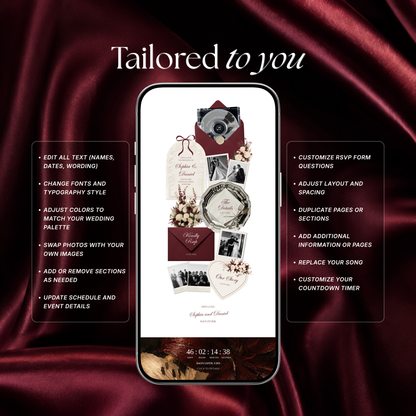 Burgundy & Ivory Wedding Website Template | Vintage Digital Invitation with RSVP, Music and Countdown Timer (Digital Download)