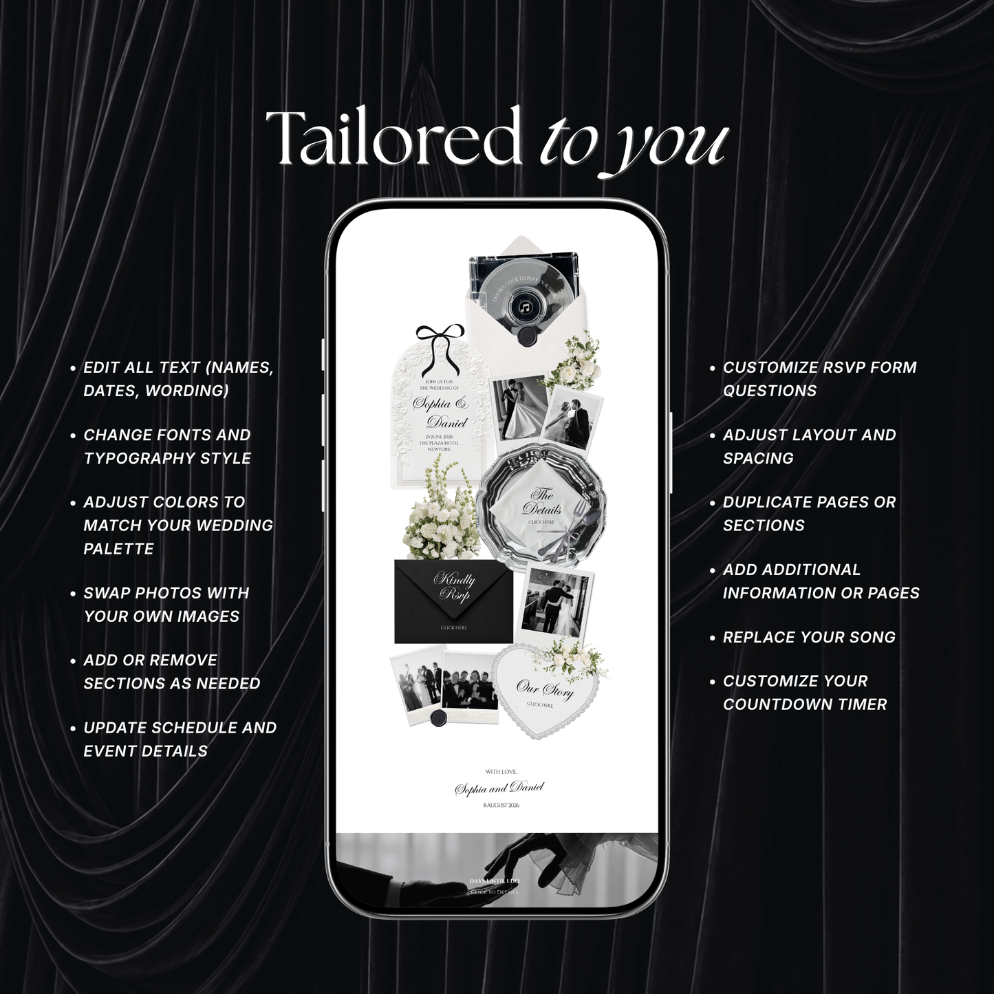 White Black Floral Wedding Website Template with RSVP, Music and Countdown Timer: Digital Wedding Template (Digital Download)
