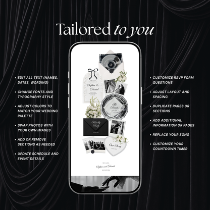 White Black Floral Wedding Website Template with RSVP, Music and Countdown Timer: Digital Wedding Template (Digital Download)