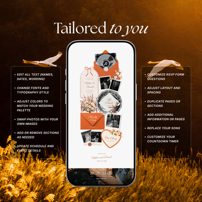 Burnt Orange Digital Wedding Invitation with RSVP, Music and Countdown Timer: Editable Canva Website (Digital Download)