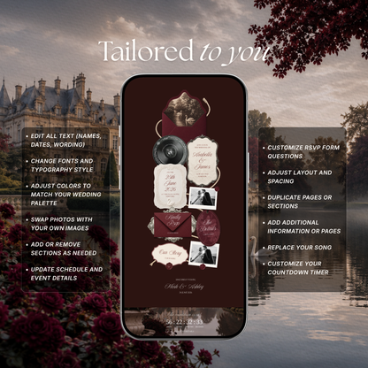 Old Money Burgundy Wedding Website Template with RSVP, Music and Countdown Timer: Digital Invitation (Digital Download)