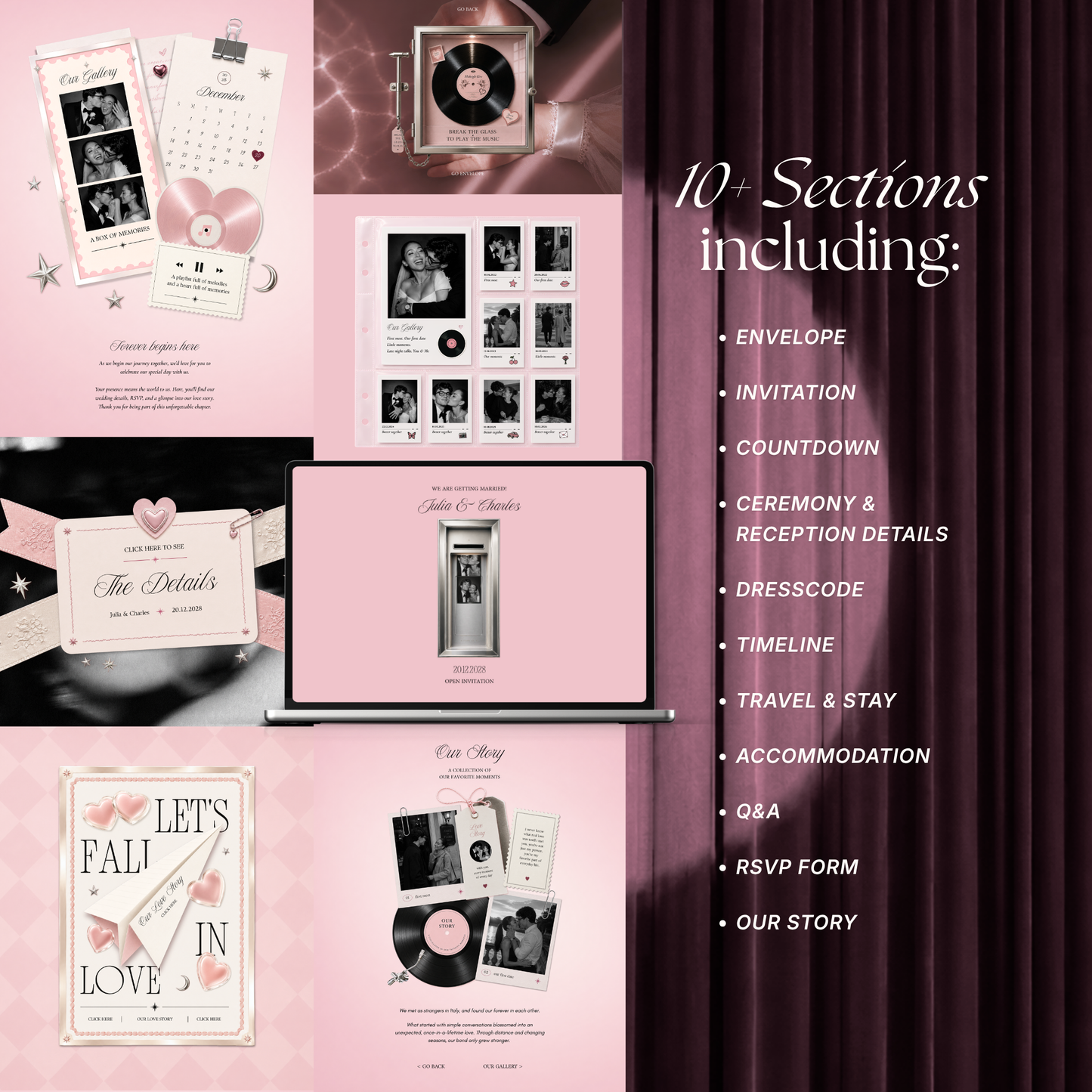 Blush Pink Photo Booth Wedding Website Template | Modern Wedding Invitation with RSVP, Music and Countdown Timer | Instant Download