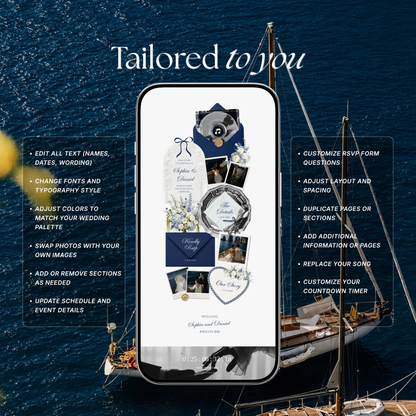 Navy & Dusty Blue Wedding Website Template | Editable Invitation with RSVP, Music and Countdown Timer (Digital Download)
