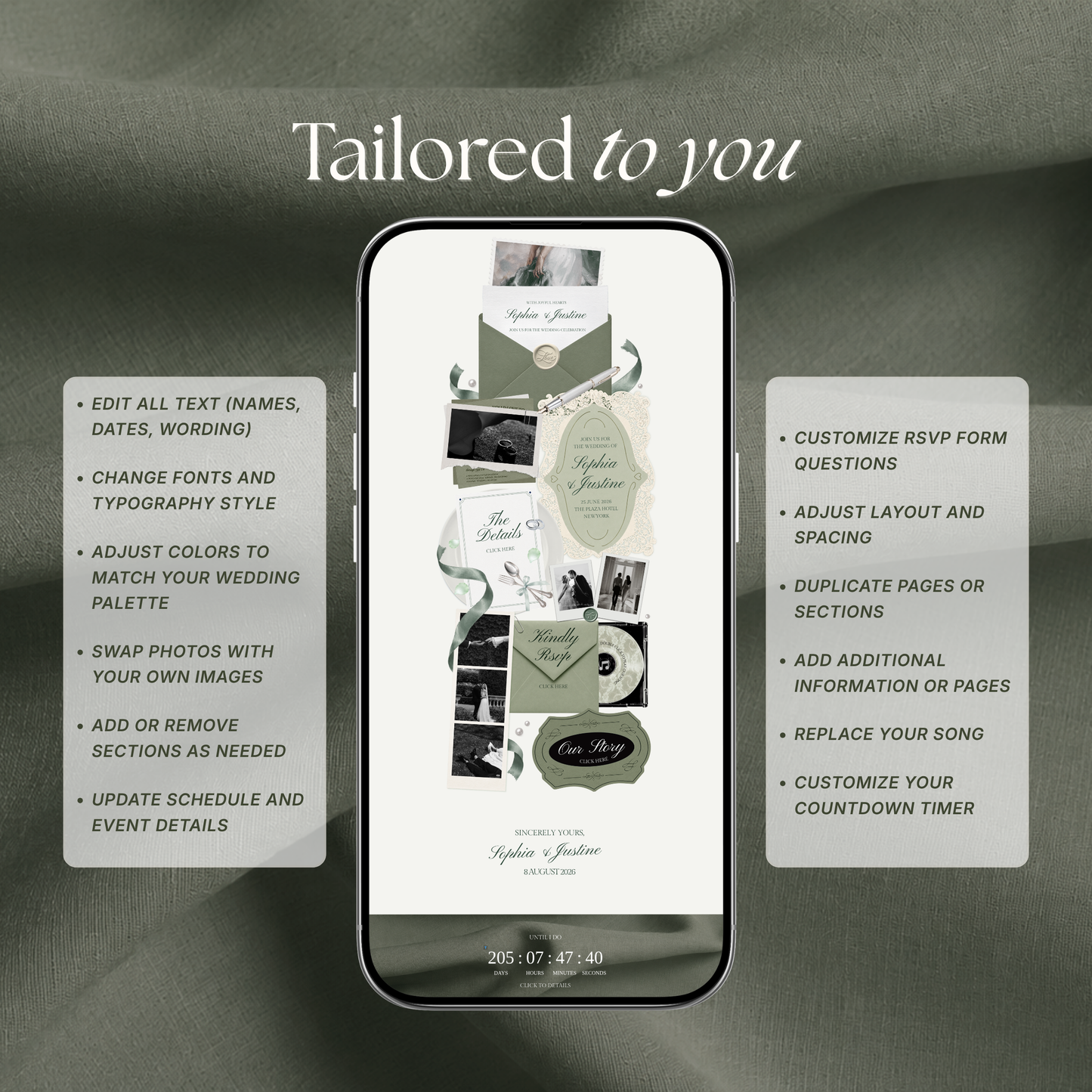 White & Sage Green Classic Wedding Website Template with RSVP, Music and Countdown Timer: Editable Canva Website (Digital Download)