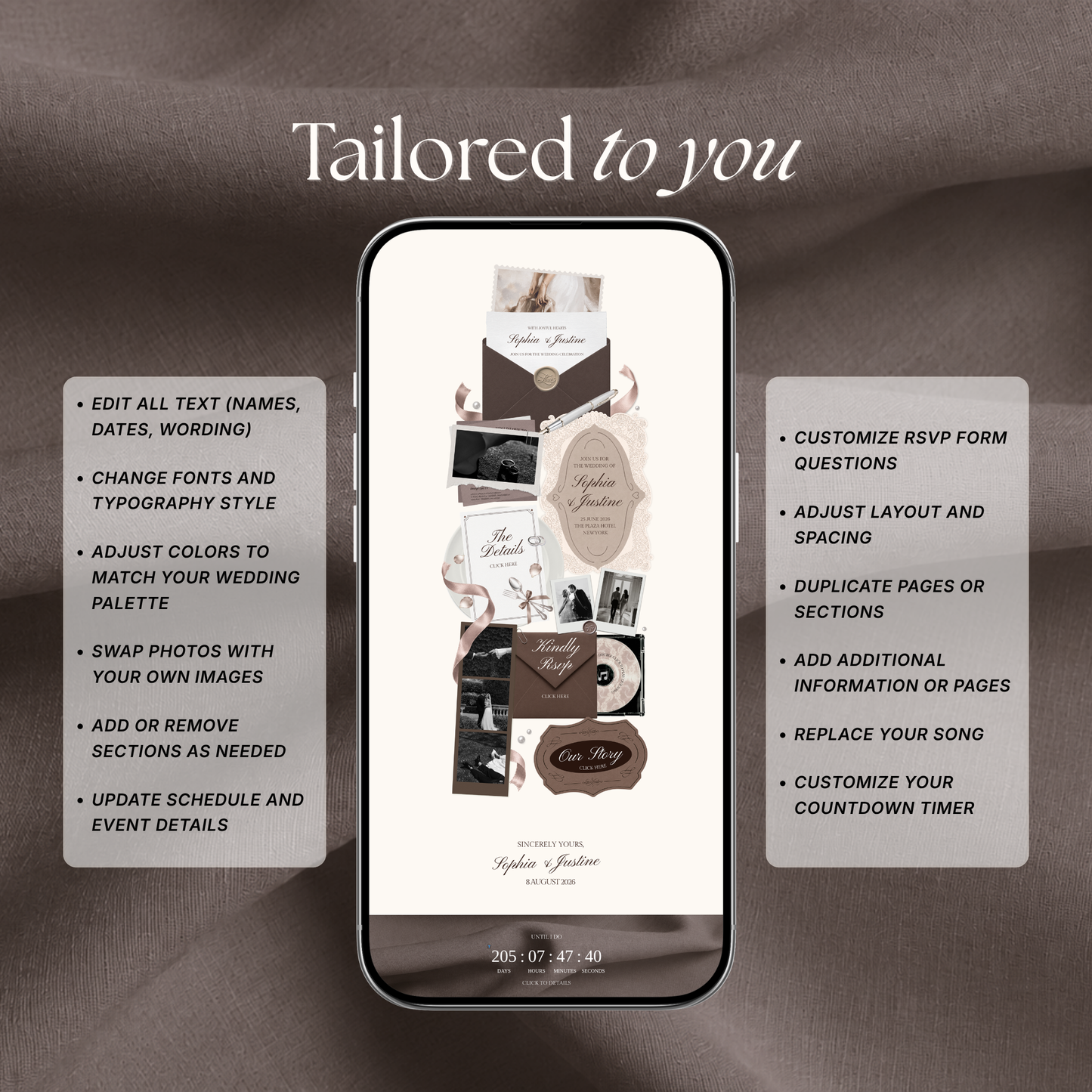 Espresso Brown Ivory Floral Wedding Website Template with RSVP, Music and Countdown Timer: Digital Wedding Template (Digital Download)