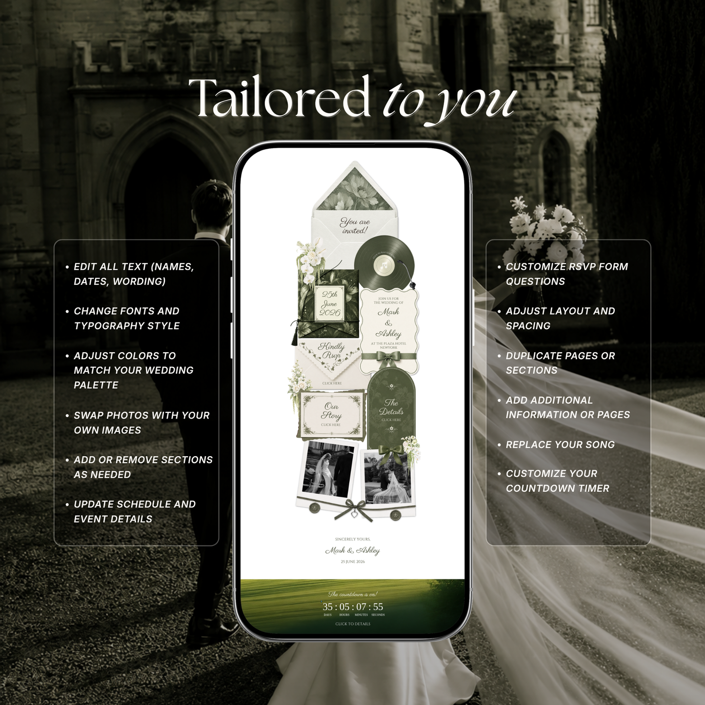 Sage & Ivory Wedding Website Template with RSVP, Music and Countdown Timer | Classic Floral Envelope Digital Invitation (Digital Download)