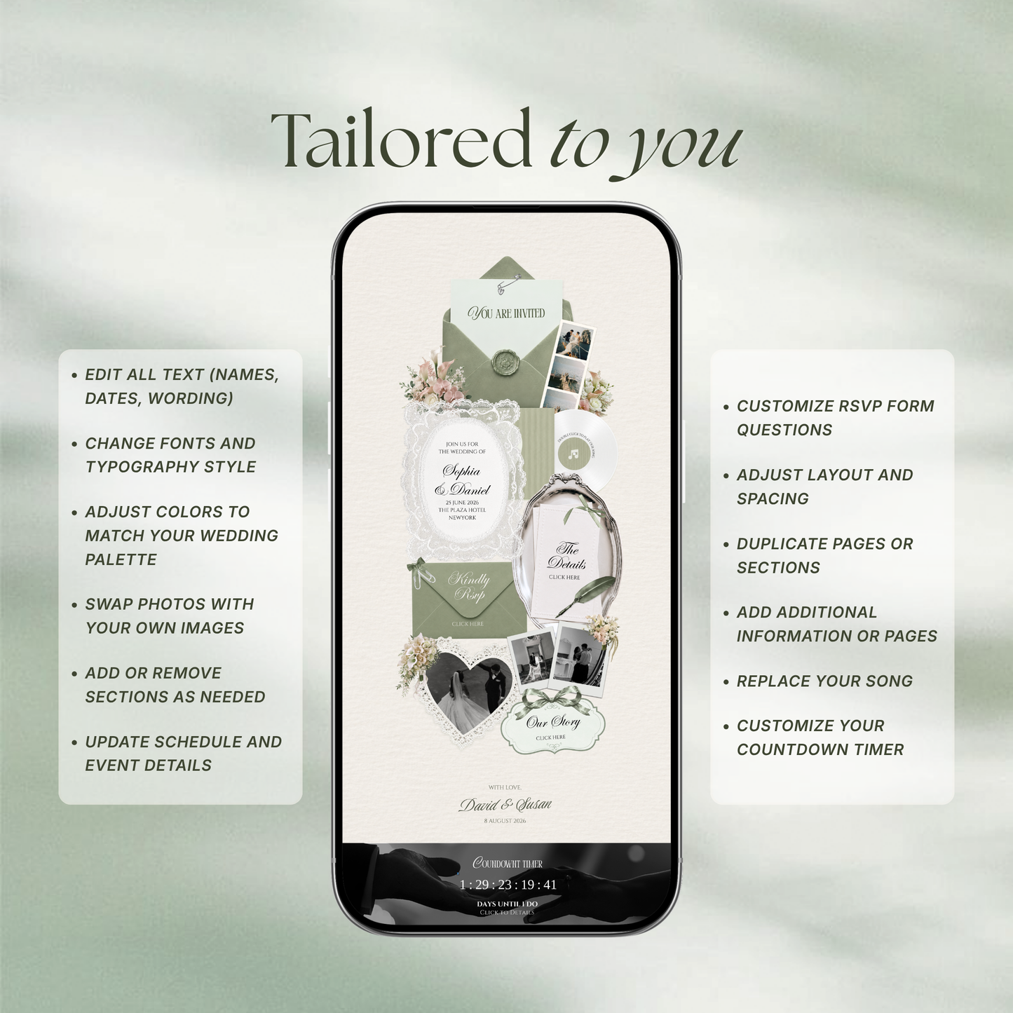 Sage Green Ivory Floral Wedding Website Template with RSVP, Music and Countdown Timer: Canva Editable Template (Digital Download)