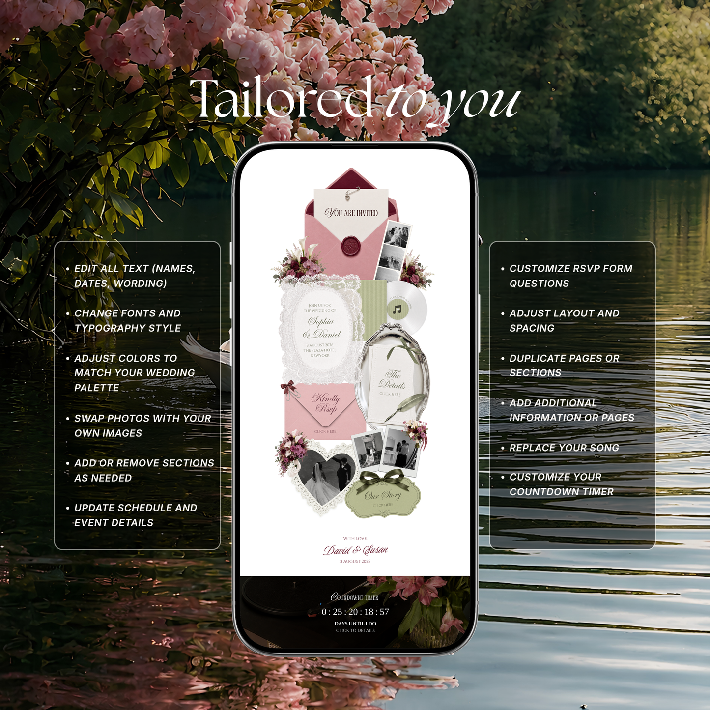 Pink, Burgundy & Green Floral Wedding Website Template with RSVP, Music and Countdown | Editable Digital Canva Design (Digital Download)