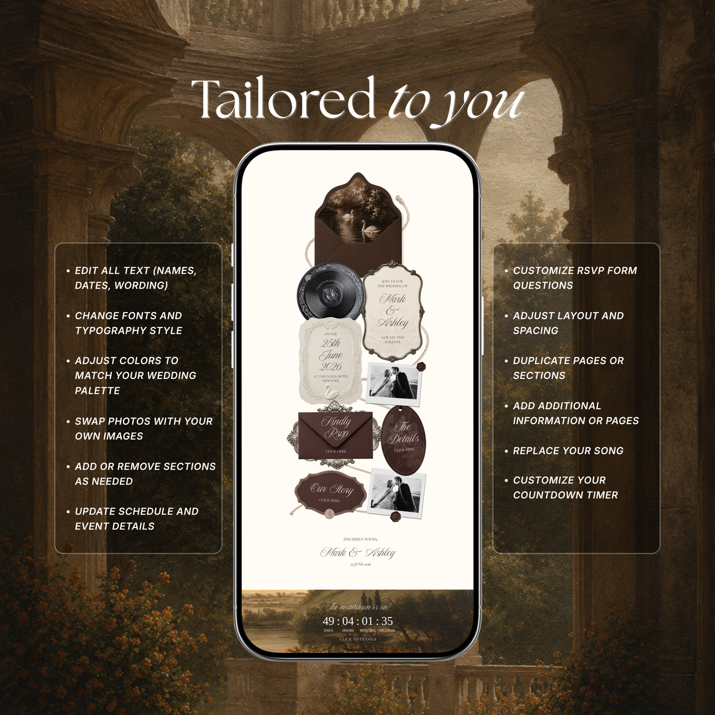 Old Money Wedding Website Template | Brown & Ivory Digital Wedding Invitation with RSVP, Music and Countdown Timer | Instant Download
