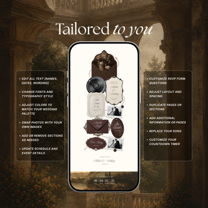 Old Money Wedding Website Template | Brown & Ivory Digital Wedding Invitation with RSVP, Music and Countdown Timer | Instant Download