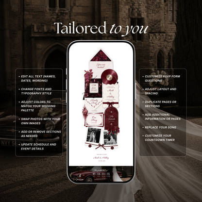 Burgundy & Ivory Vintage Floral Wedding Website Template | Editable Invitation with RSVP, Music and Countdown Timer (Digital Download)