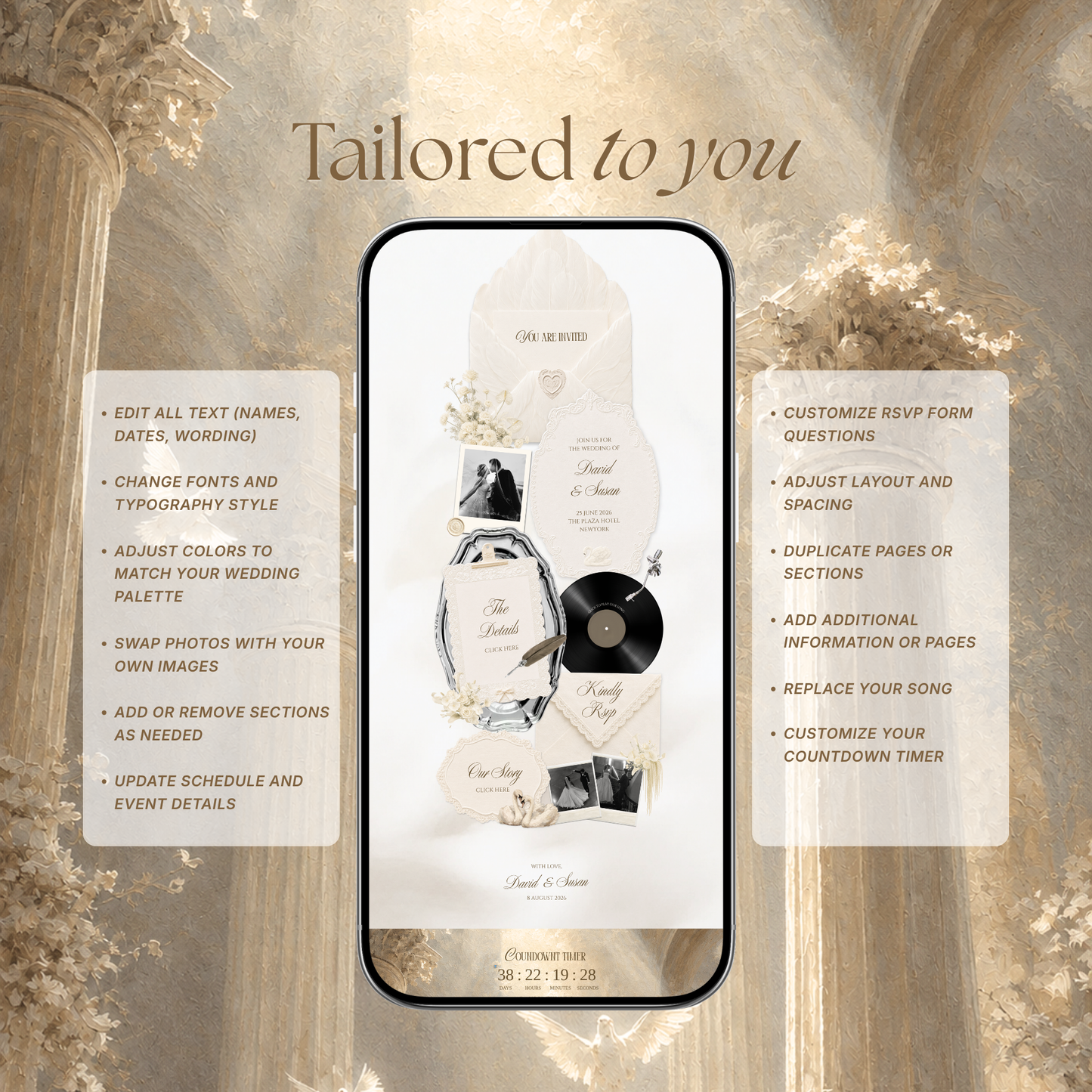 Ivory Wedding Website Template Canva | Old Money Vintage Digital Invitation with RSVP, Music and Countdown Timer | Instant Download