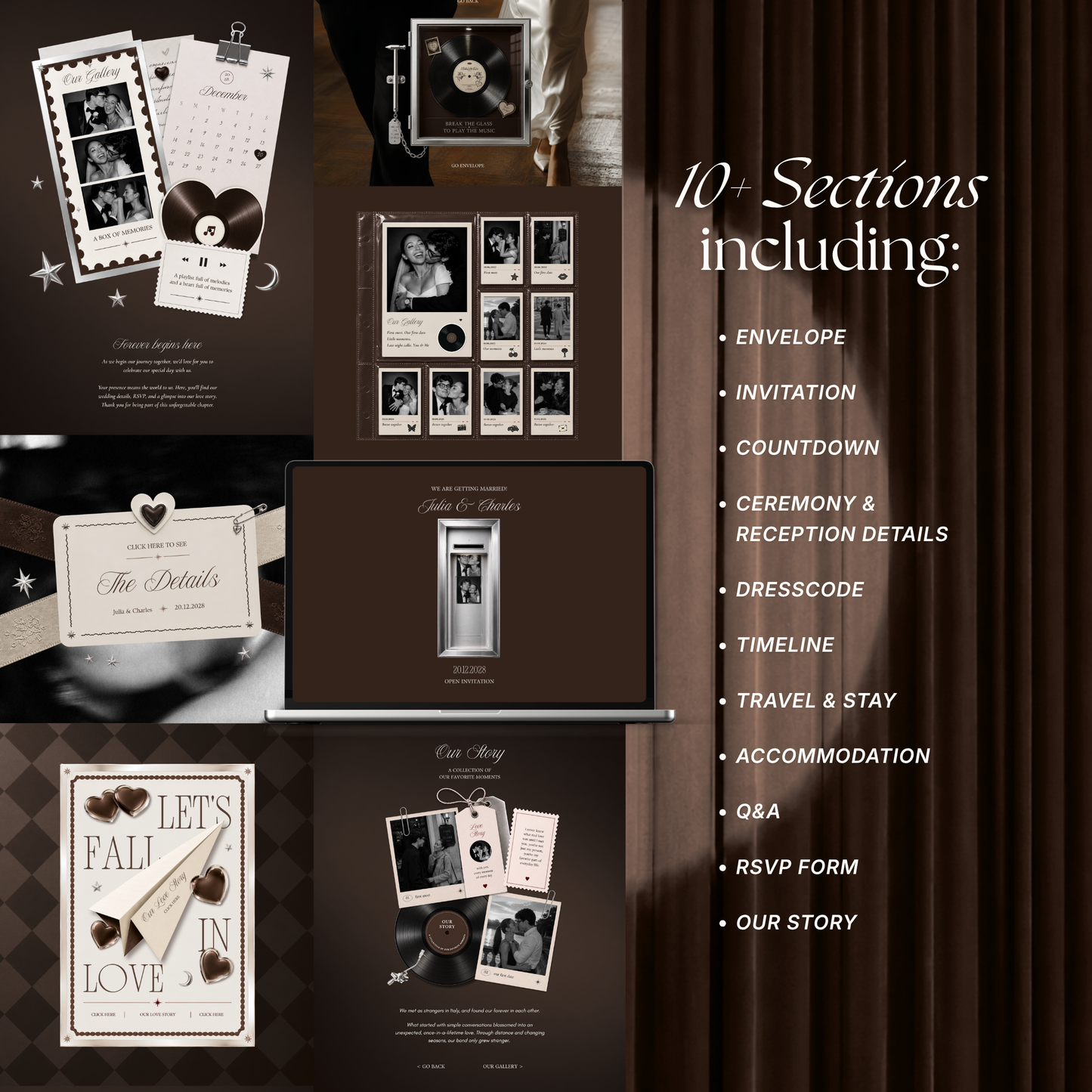 Brown Photo Booth Wedding Website Template | Modern Wedding Invitation with RSVP, Music and Countdown Timer | Instant Download