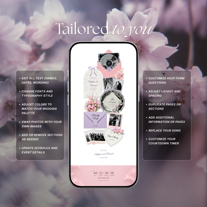 Pink Lilac Pastel Floral Wedding Website Template Canva | Digital Invitation with RSVP , Music and Countdown Timer | Instant Download