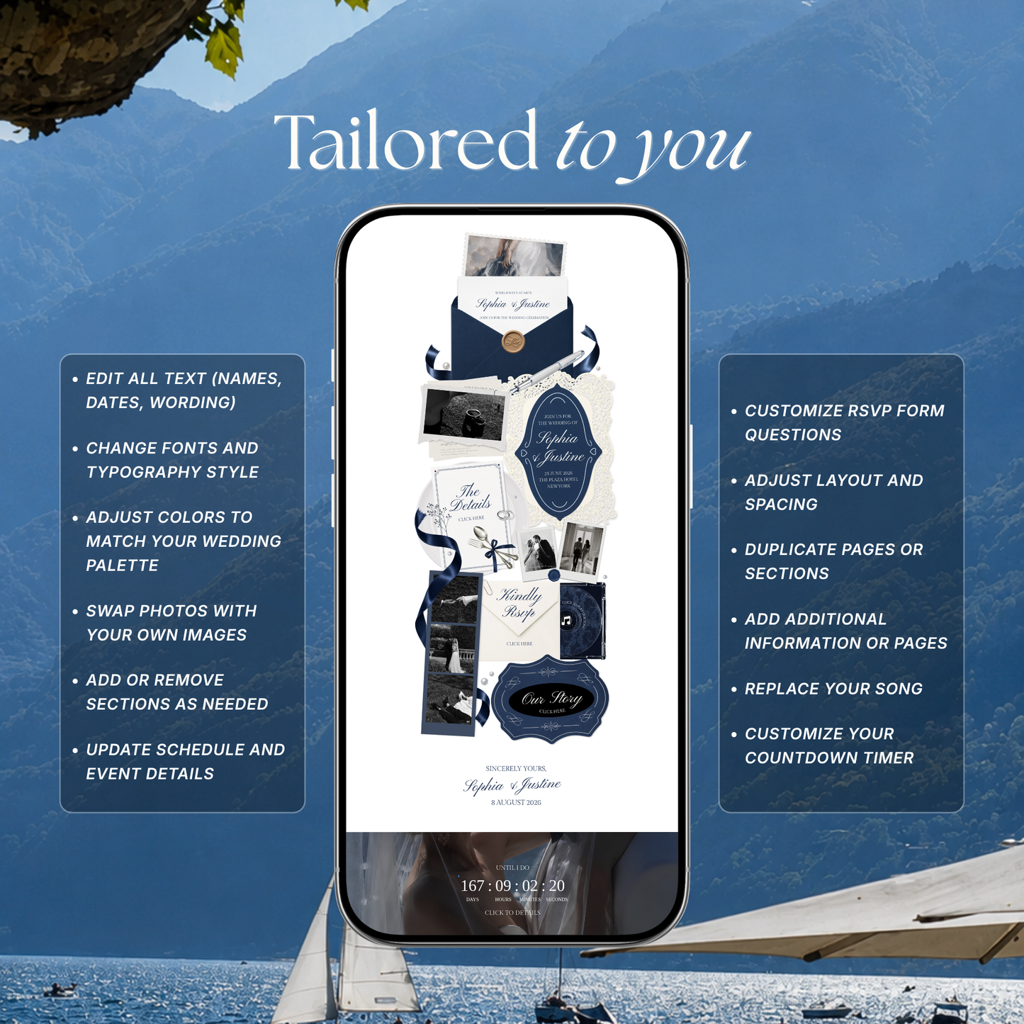 Navy & Dusty Blue Wedding Website Template with RSVP, Music and Countdown Timer: Digital Editable Canva Website (Digital Download)