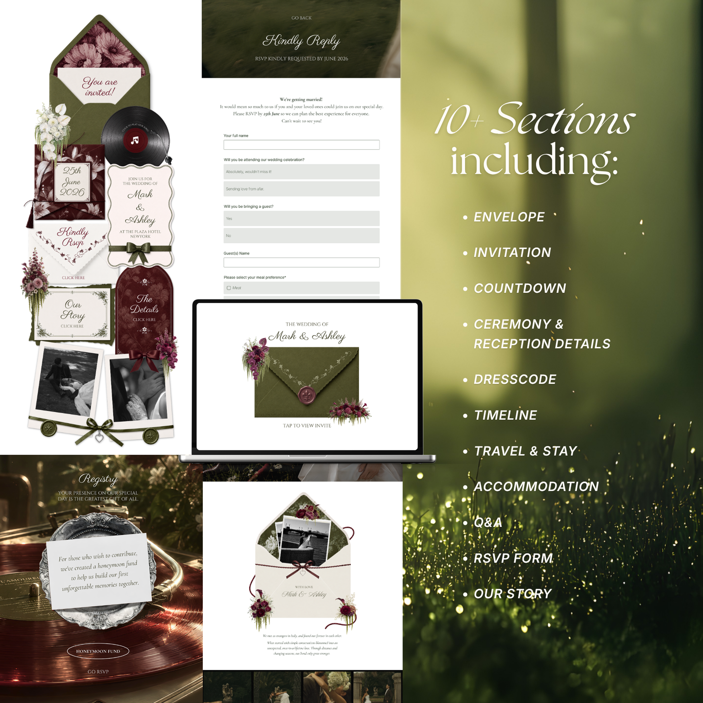 Olive Green & Burgundy Floral Wedding Website Template | Wedding Invitation with RSVP, Music and Countdown Timer | Instant Download