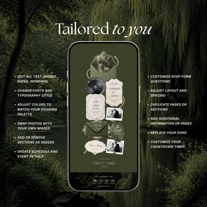 Olive Old Money Wedding Website Template with RSVP, Music and Countdown Timer: Editable Canva Website (Digital Download)