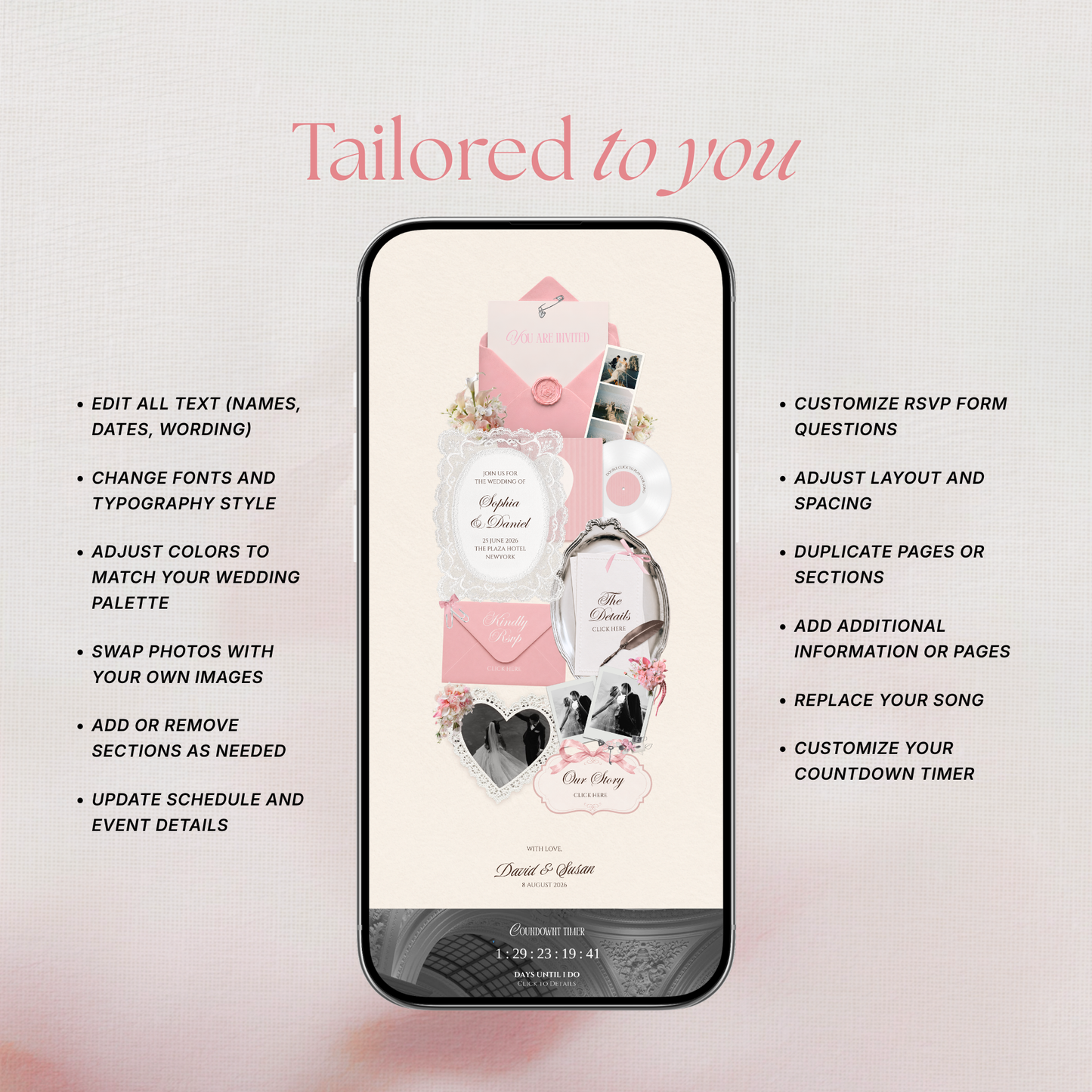 Pink & Ivory Floral Wedding Website Template with RSVP, Music and Countdown Timer: Wedding Invitations (Digital Download)