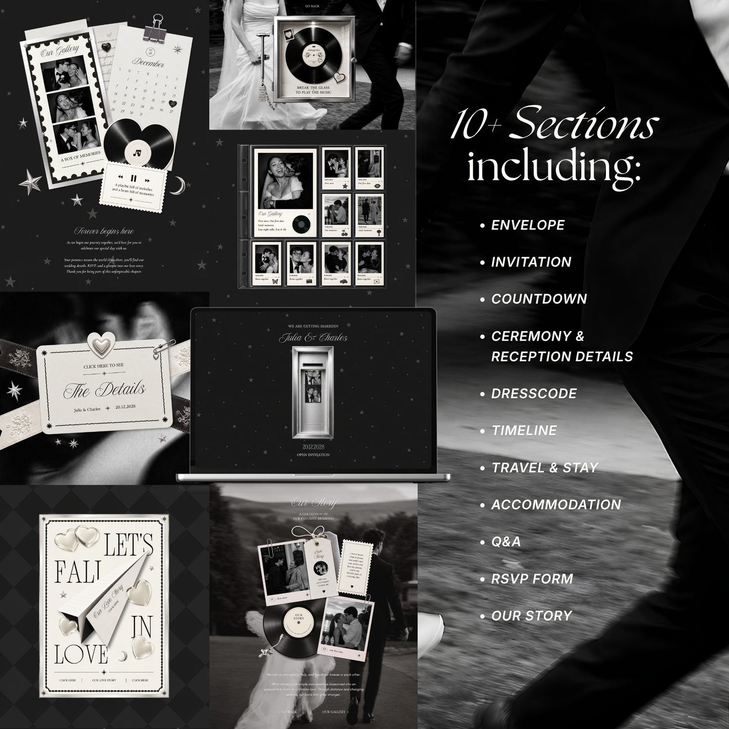 Black Photo Booth Wedding Website Template | Modern Wedding Invitation with RSVP, Music and Countdown Timer | Instant Download