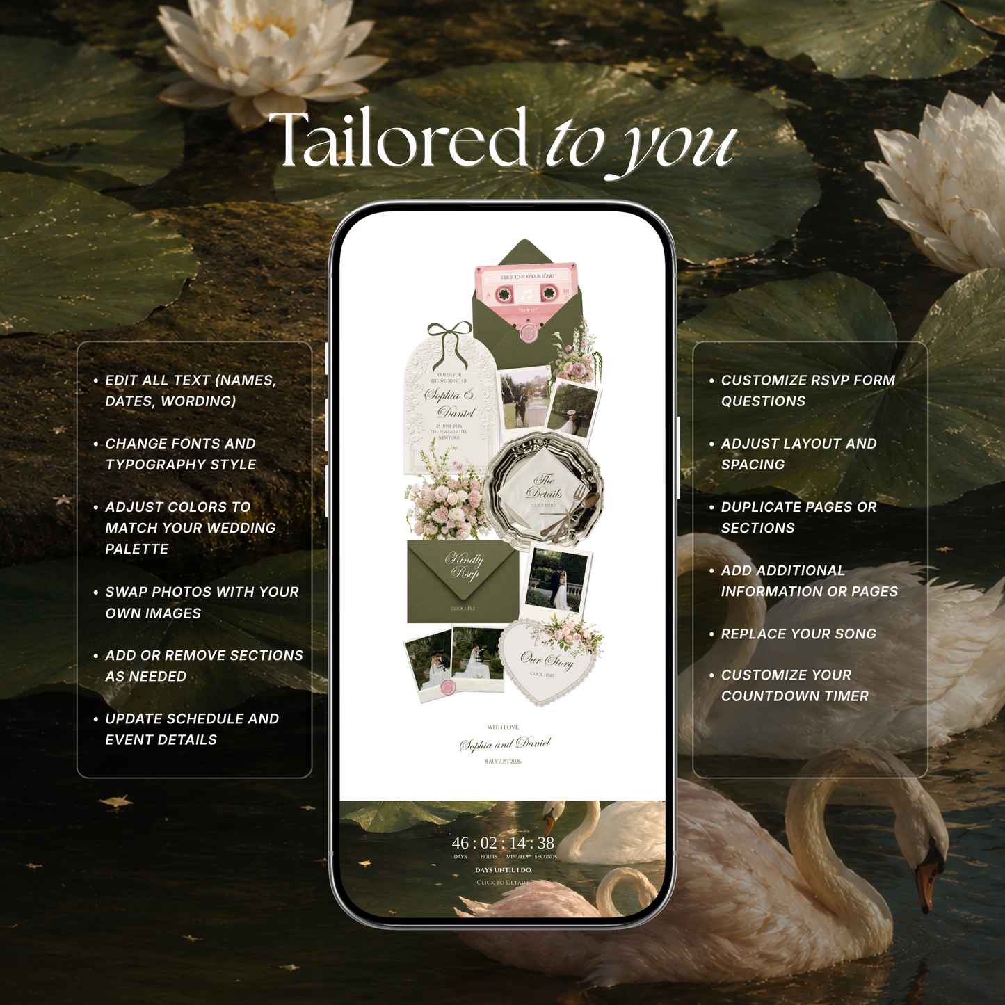 Olive Green & Pink Floral Wedding Website Template with RSVP, Music and Countdown Timer: Wedding Template (Digital Download)
