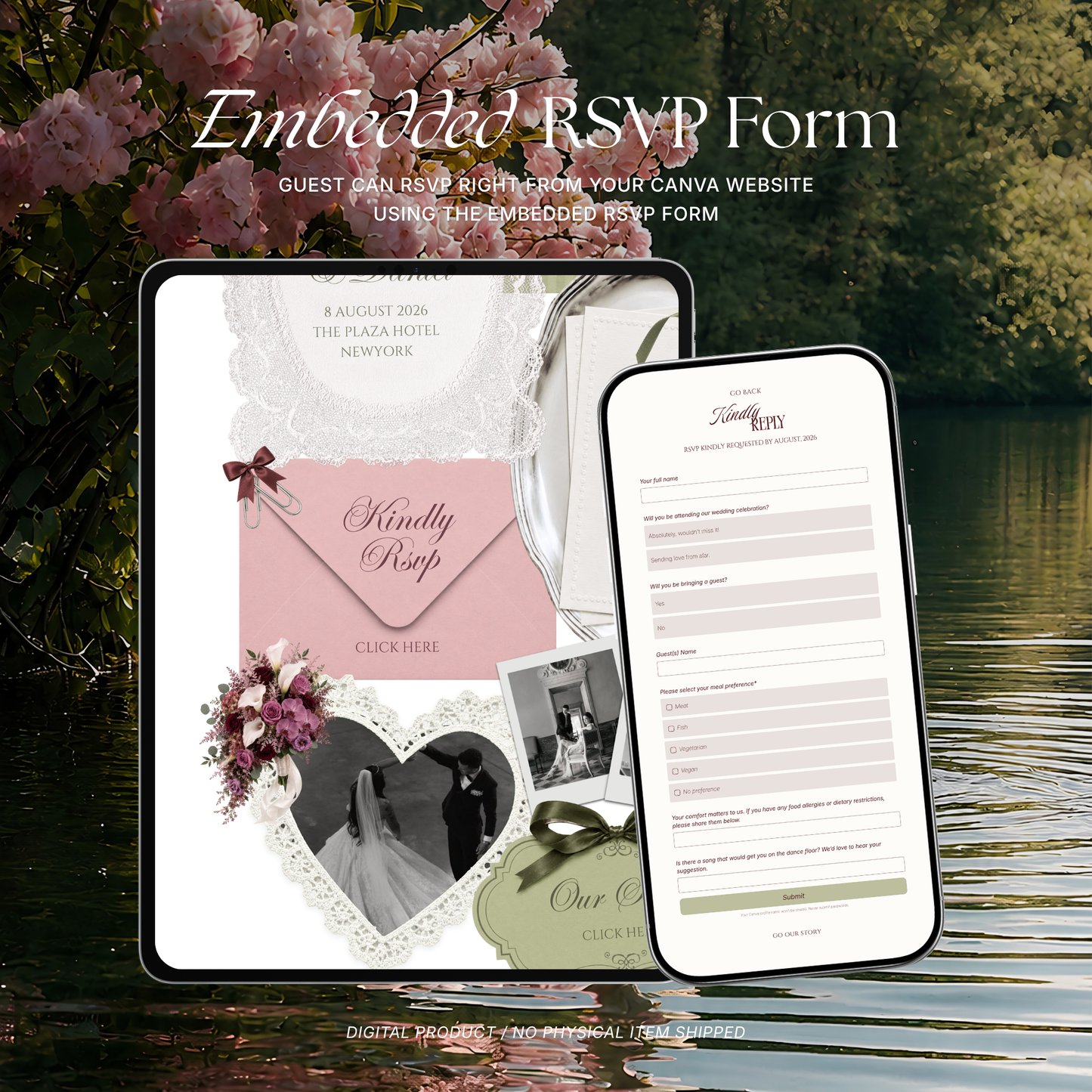 Pink, Burgundy & Green Floral Wedding Website Template with RSVP, Music and Countdown | Editable Digital Canva Design (Digital Download)