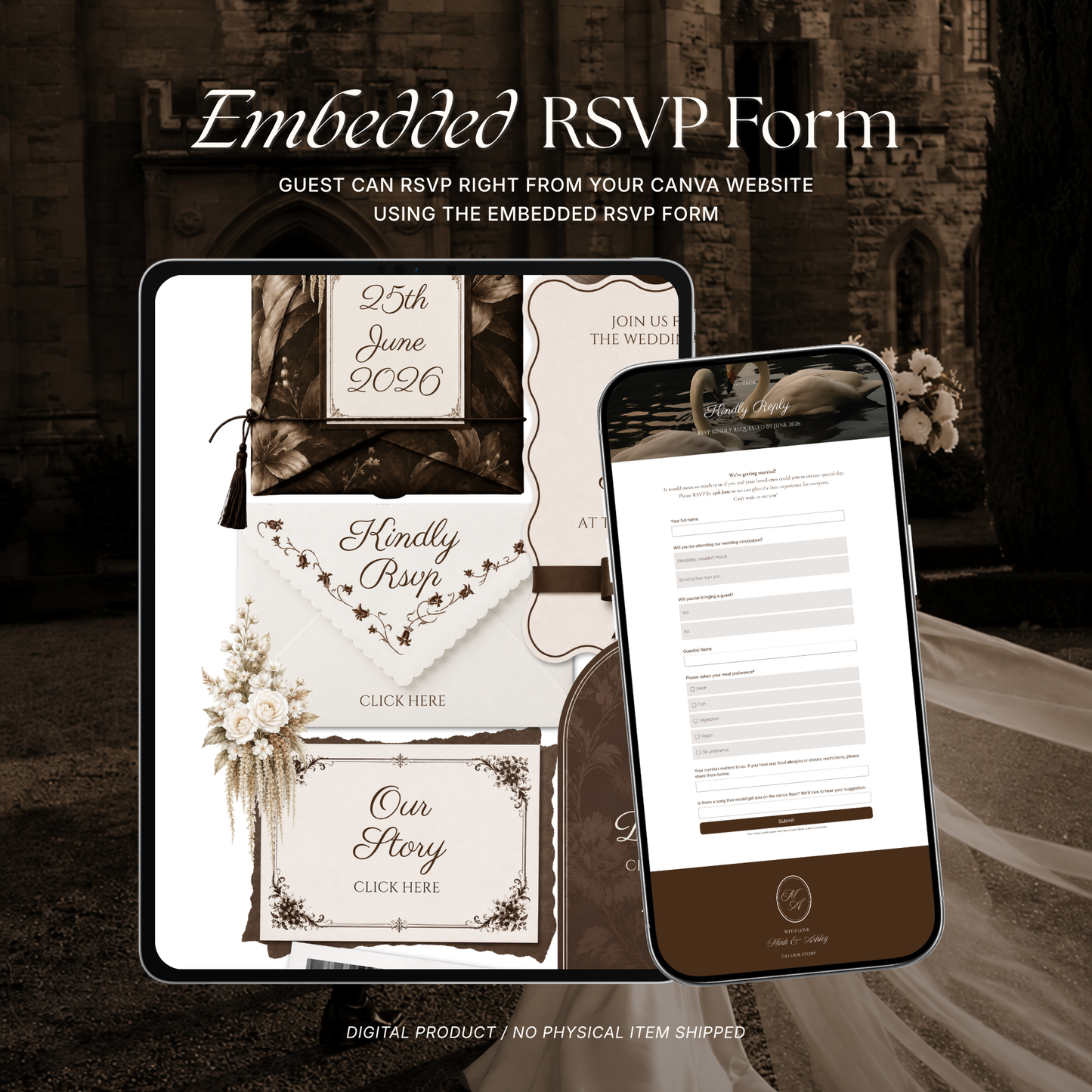 Brown & Ivory Wedding Website Template | Editable Invitation with RSVP, Music and Countdown Timer (Digital Download)