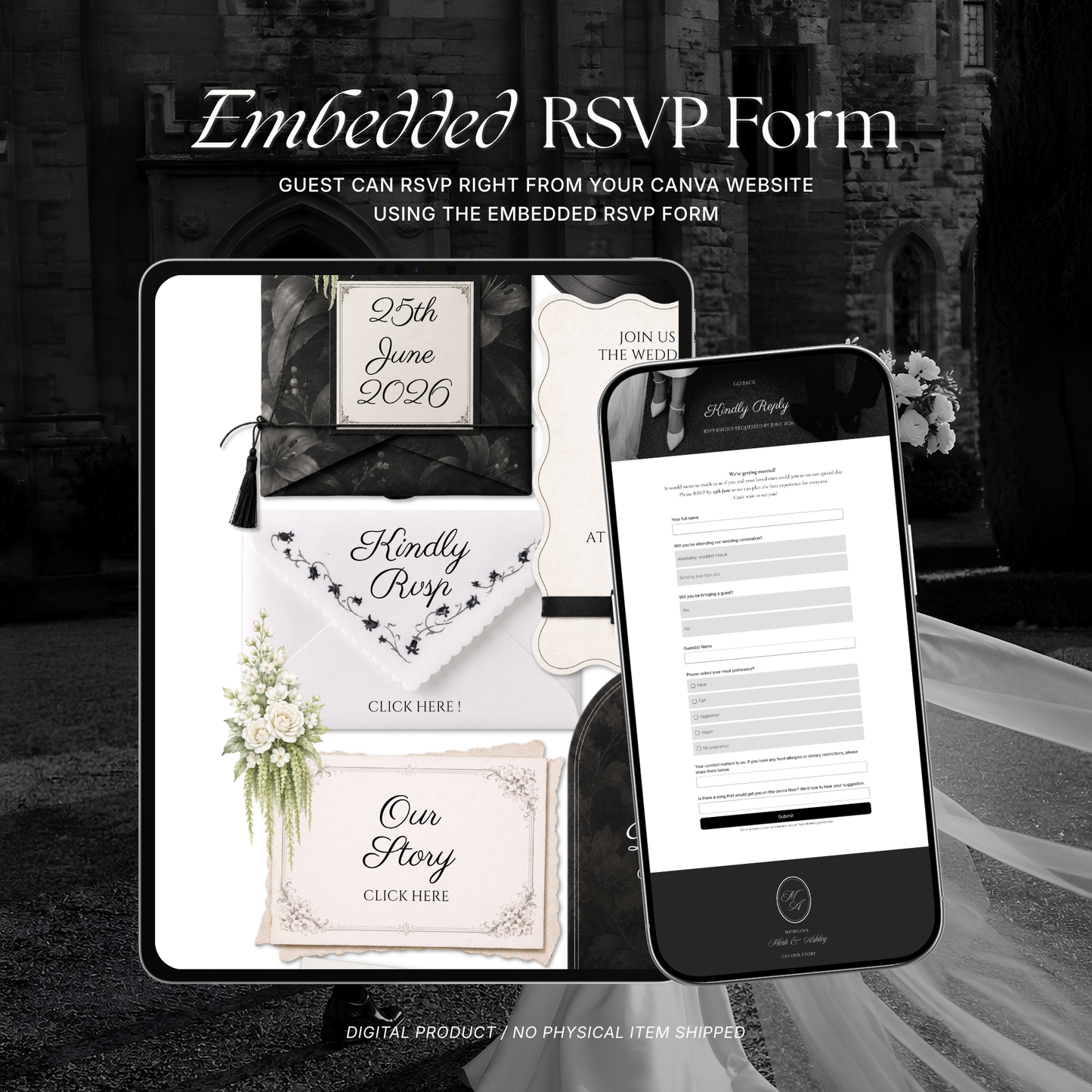 White & Black Floral Wedding Website Template | Editable Invitation with RSVP, Music and Countdown Timer (Digital Download)