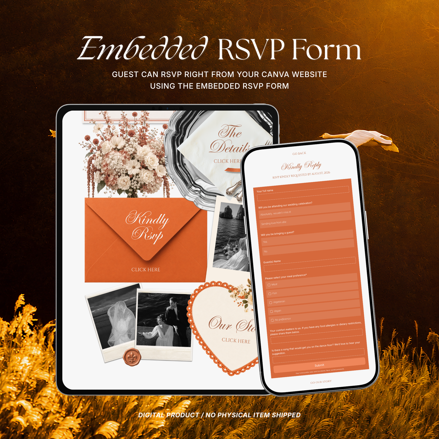 Burnt Orange Digital Wedding Invitation with RSVP, Music and Countdown Timer: Editable Canva Website (Digital Download)