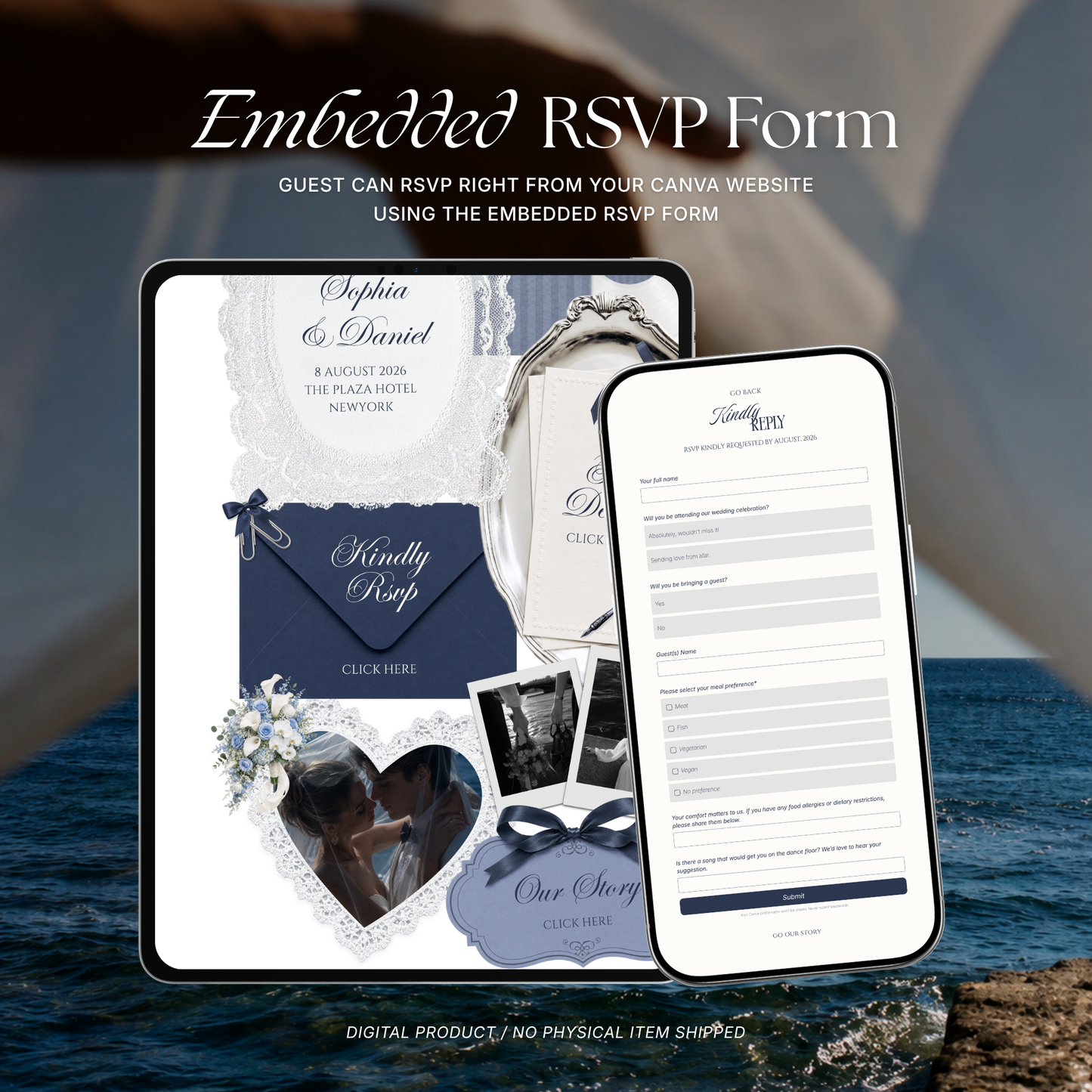 Navy & Dusty Blue Wedding Website Template with RSVP, Music and Countdown Timer: Canva Editable Template (Instant Download)