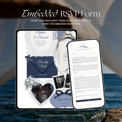 Navy & Dusty Blue Wedding Website Template with RSVP, Music and Countdown Timer: Canva Editable Template (Instant Download)